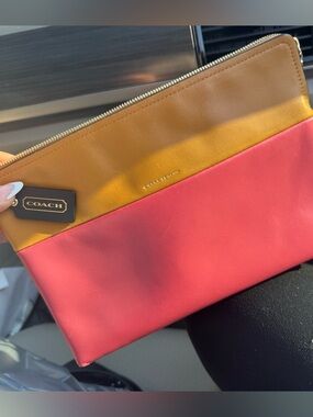 Coach Colorblock Leather Zip Pouch - Coral Pink & Mustard